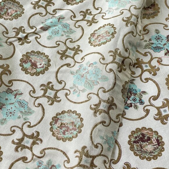 Vintage 60s curtain, pleated or rod pocket, gold teal medallion floral panels - Picture 6 of 6